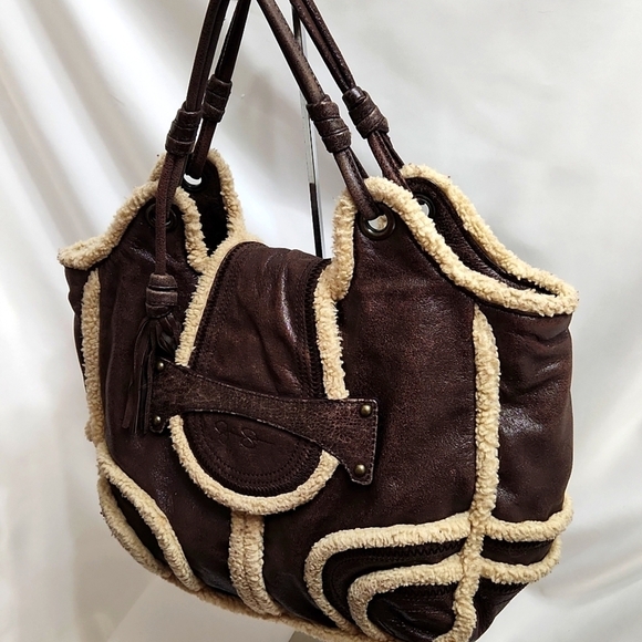 Jessica Simpson Brown and Cream Faux Leather and Sherpa Shoulder bag - Picture 2 of 16